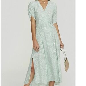 FAITHFULL THE BRAND Chiara Midi Wrap Dress Kaia Foral Size 2 Boho Tassle Green